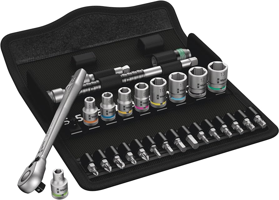 Wera 8100 SA 8 Zyklop Metal Ratchet Set with switch lever, 1/4" drive, metric, 28 pieces (05004018001) - Apollo Industries 