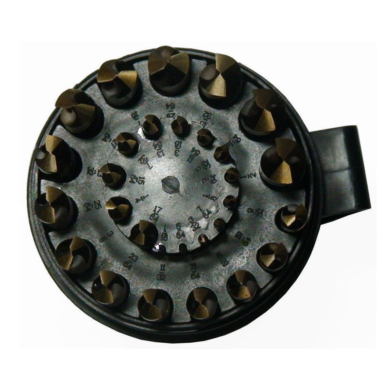 A top view of the drill set showing the drills and size lables