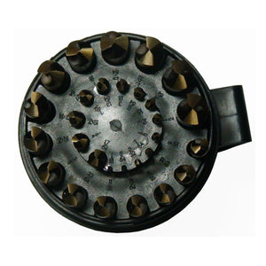 A top view of the drill set showing the drills and size lables