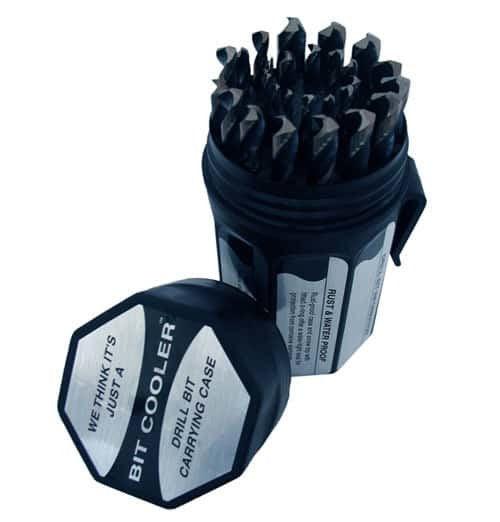 Complete drill set in a plastic case with the lid off exposing the drills inside