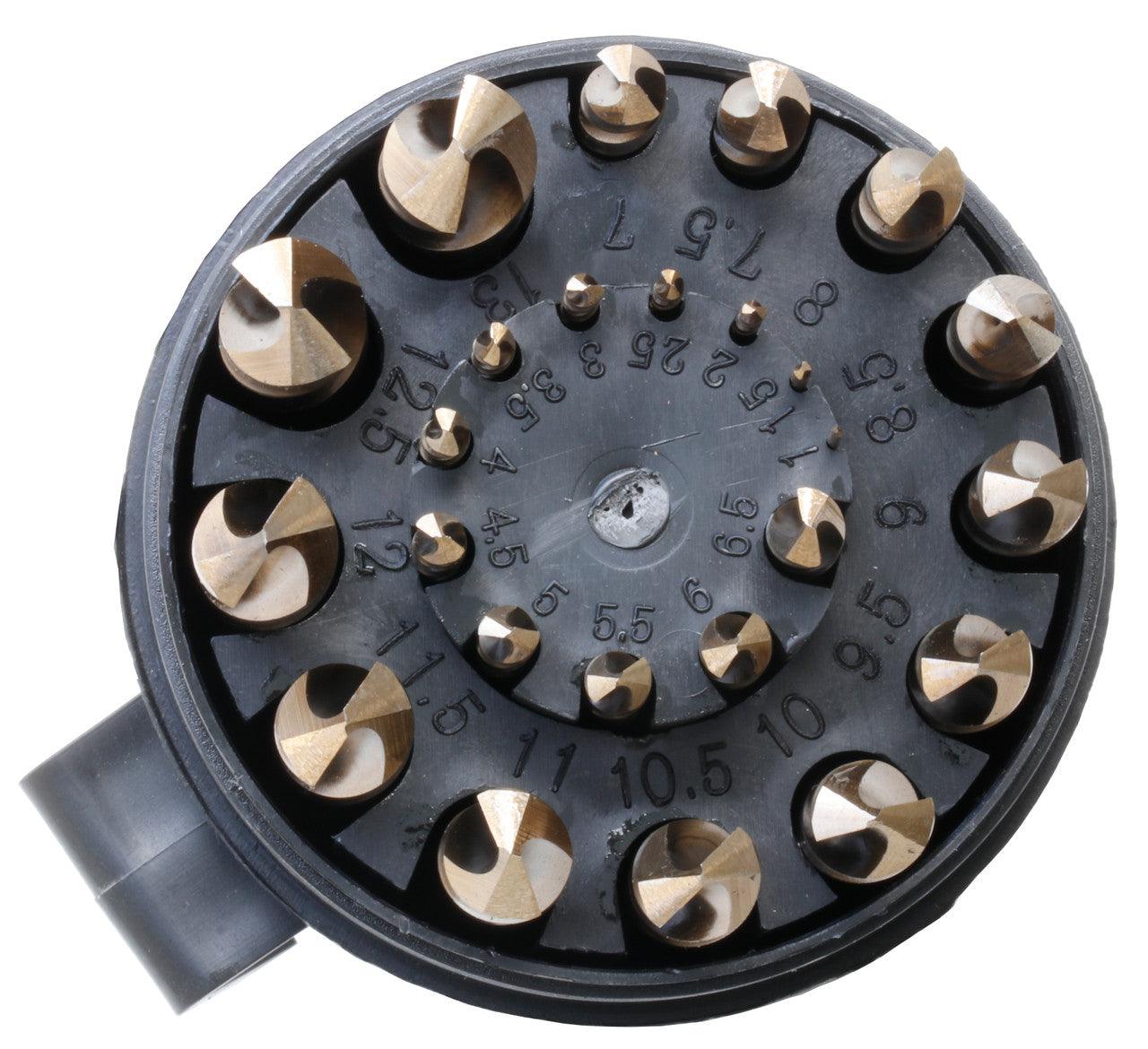 A top view of the drill set showing the drills and size lables