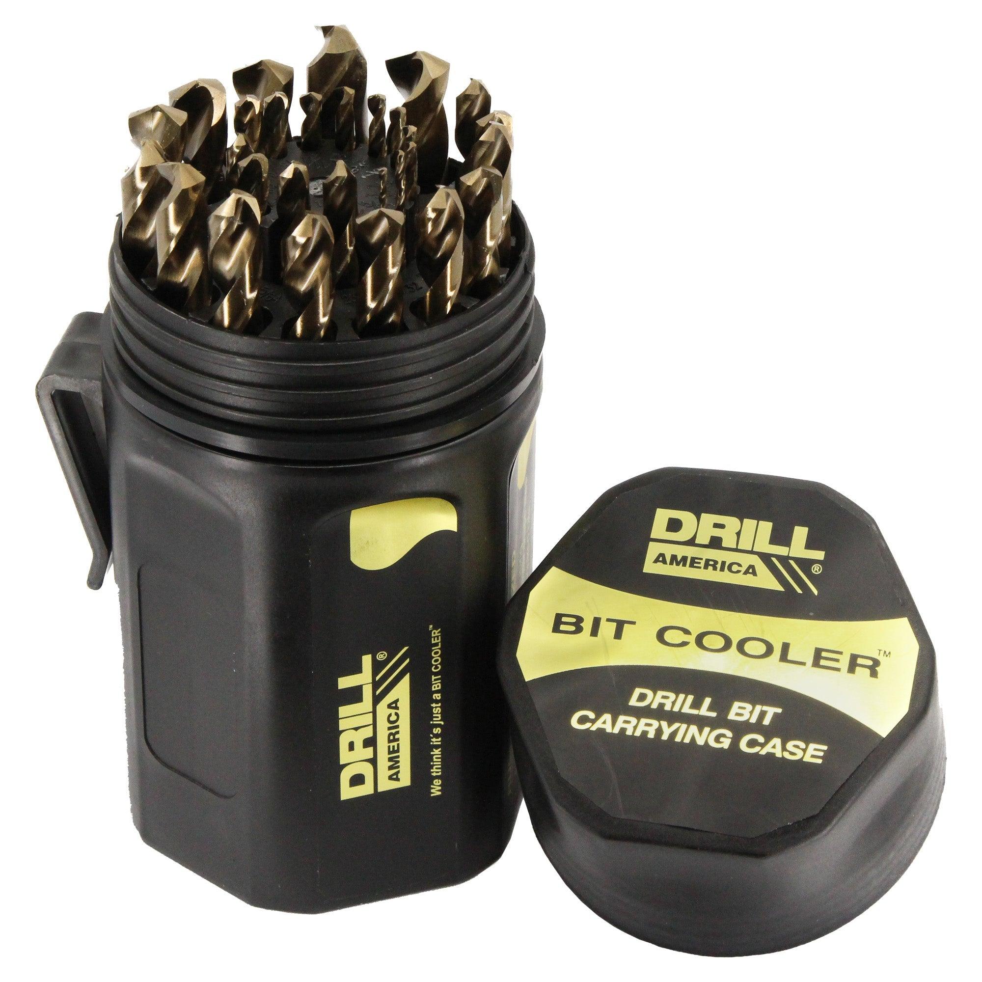 Complete drill set in a plastic case with the lid off exposing the drills inside