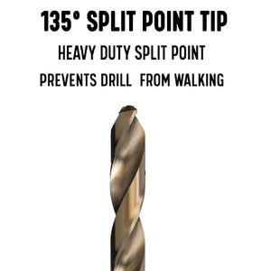 A close-up of a drill with text descibing the drill split-point
