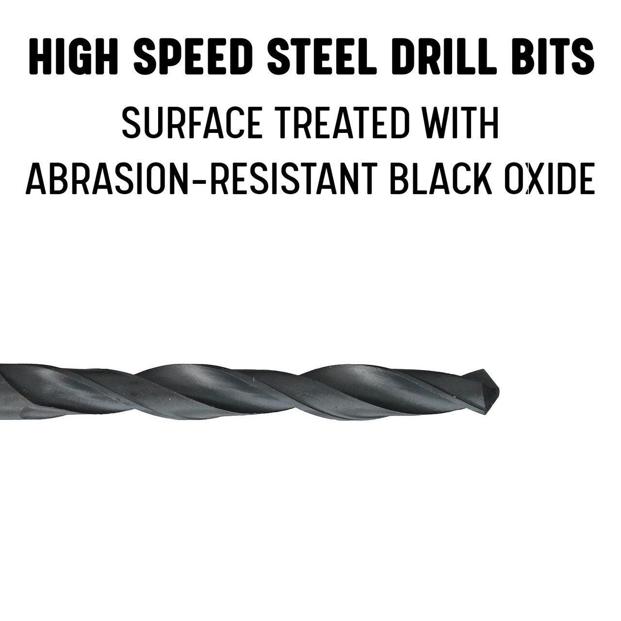 A close-up of a drill with text descibing the drill material and coating