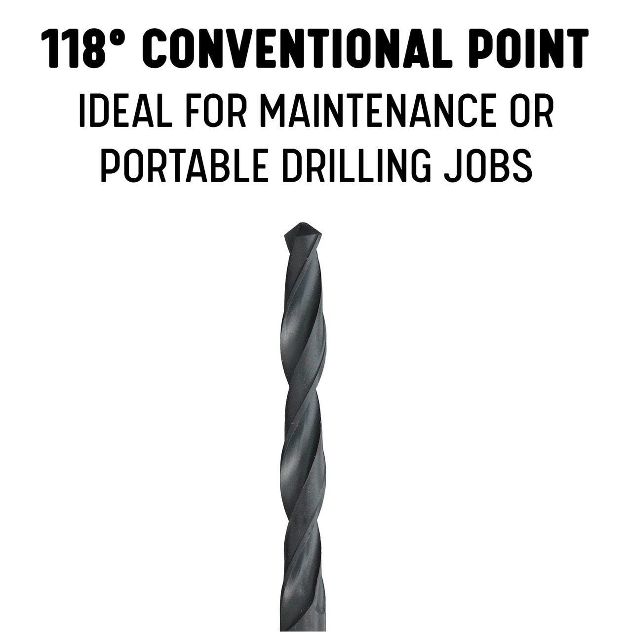 A close-up of a drill with text descibing the drill conventional point
