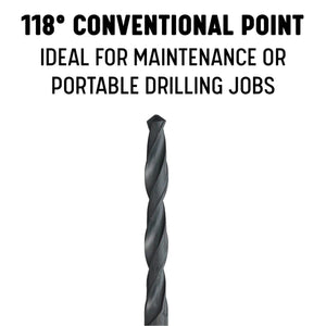 A close-up of a drill with text descibing the drill conventional point