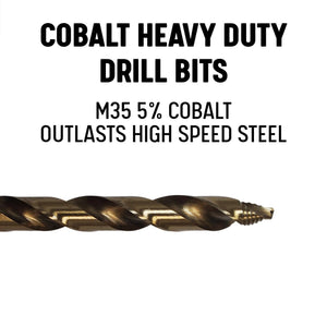 A close-up of a drill with text descibing the drill material