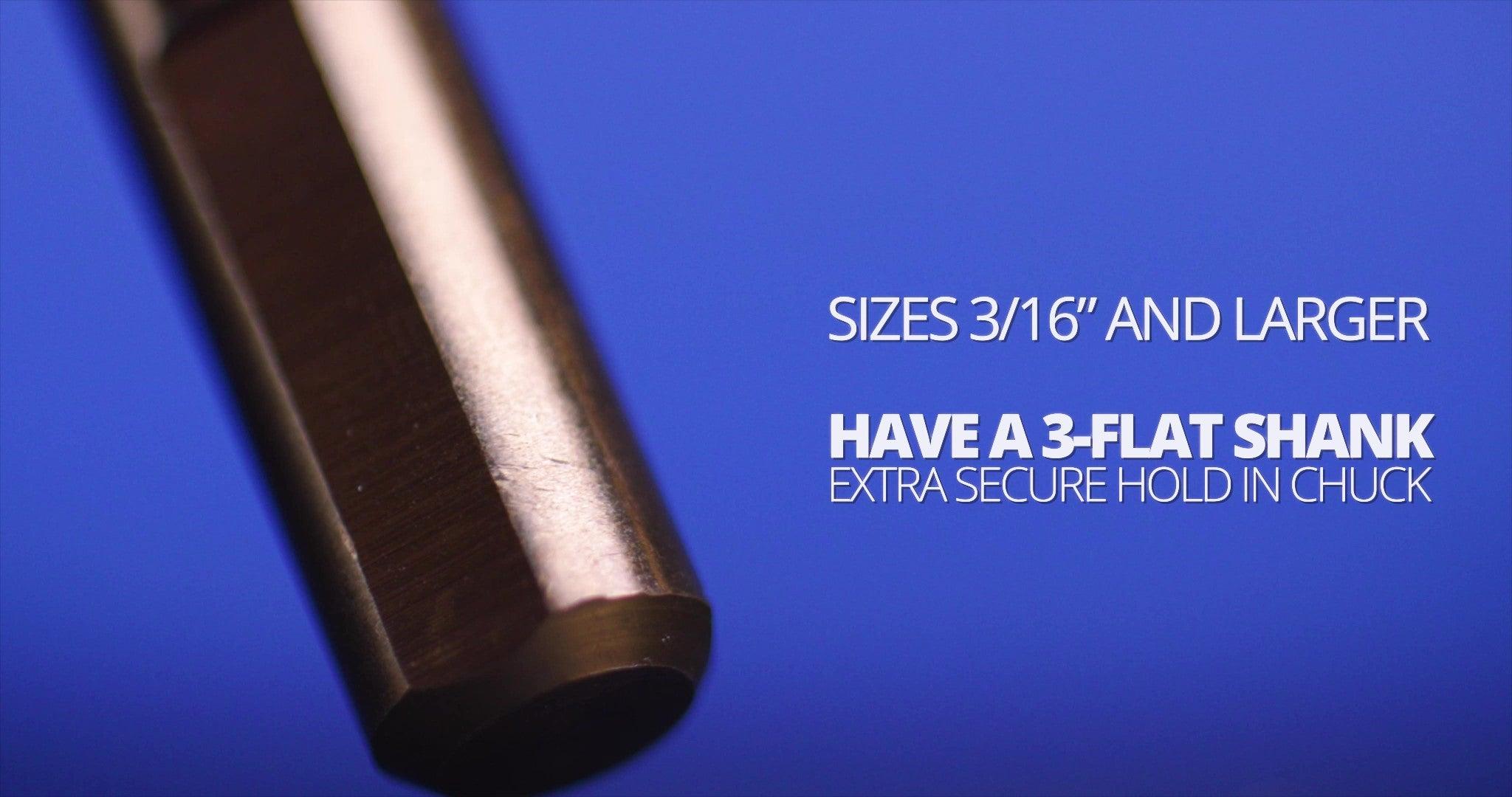 A close up of the drill chank with text describing the 3-flat shank