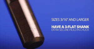 A close up of the drill chank with text describing the 3-flat shank