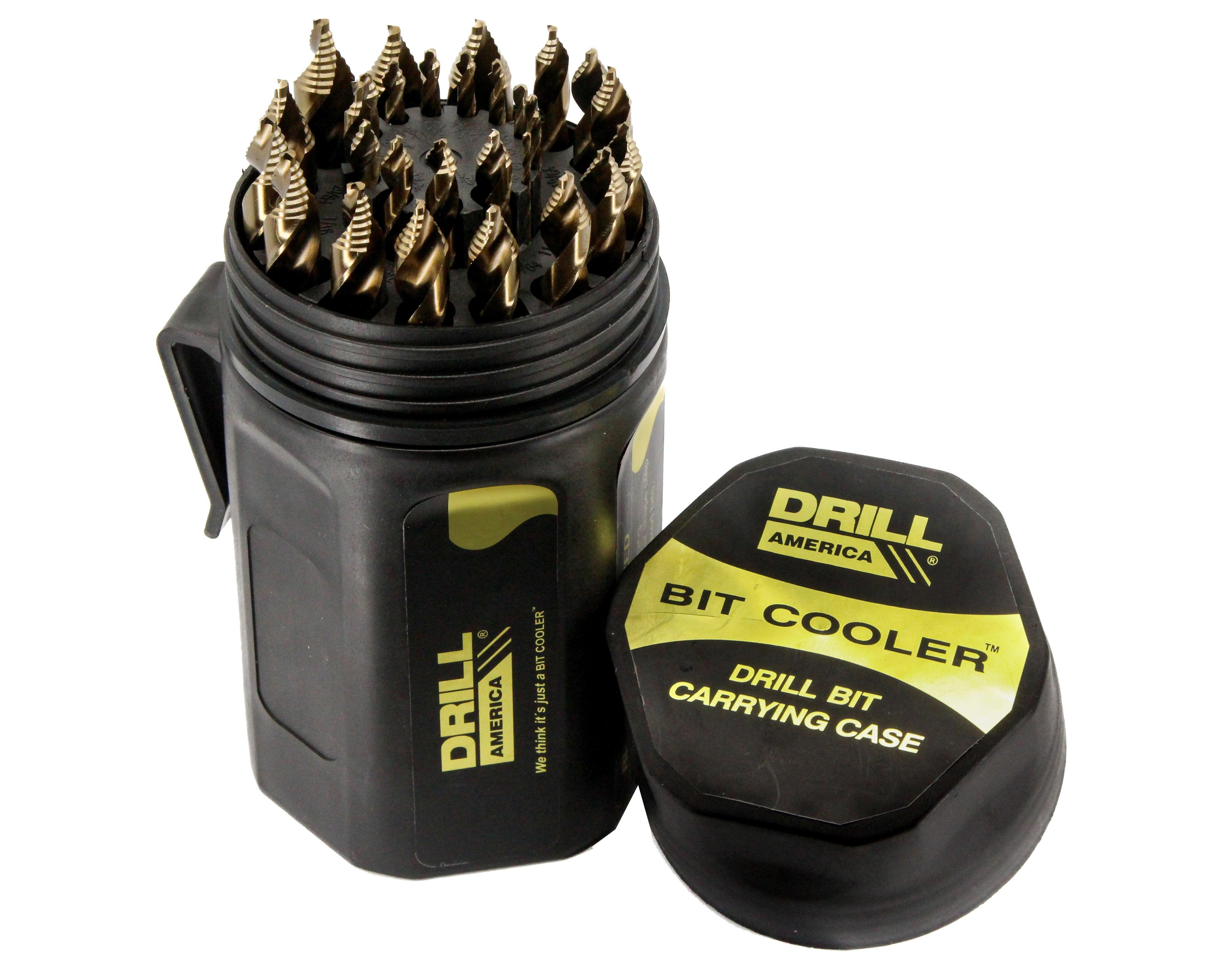 Complete drill set in a plastic case with the lid off exposing the drills inside
