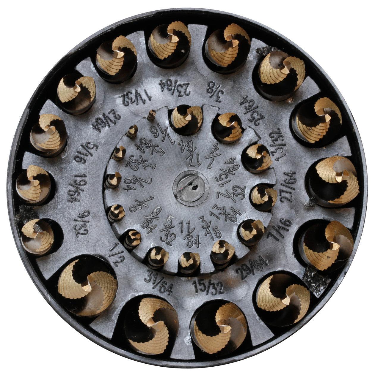 A top view of the drill set showing the drills and size lables