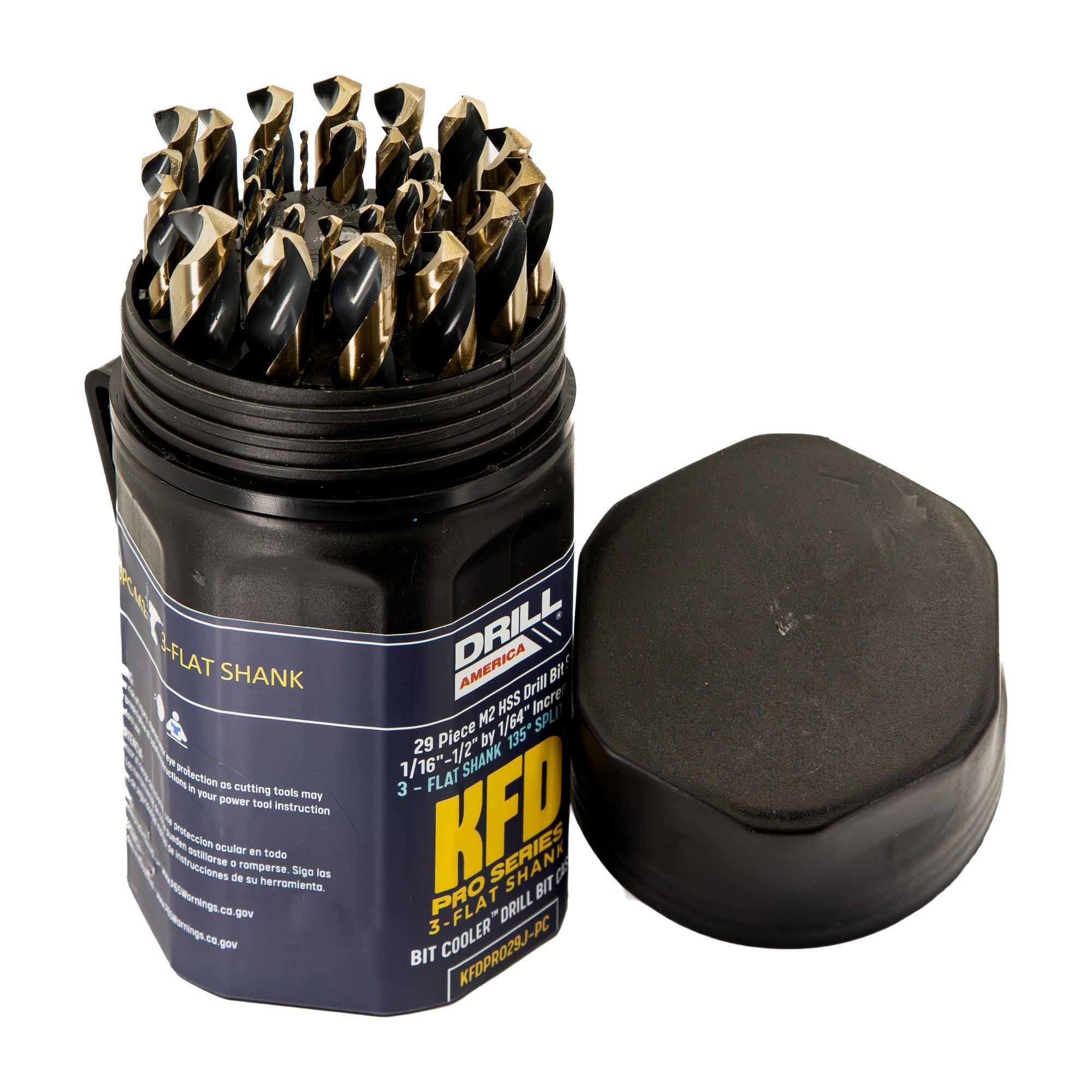 Complete drill set in a plastic case with the lid off exposing the drills inside