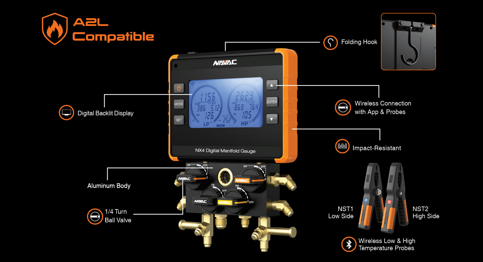 NAVAC NX4 - NEXUS™ Digital Manifold Gauge with 4 valves, including a 3/8″ vacuum port