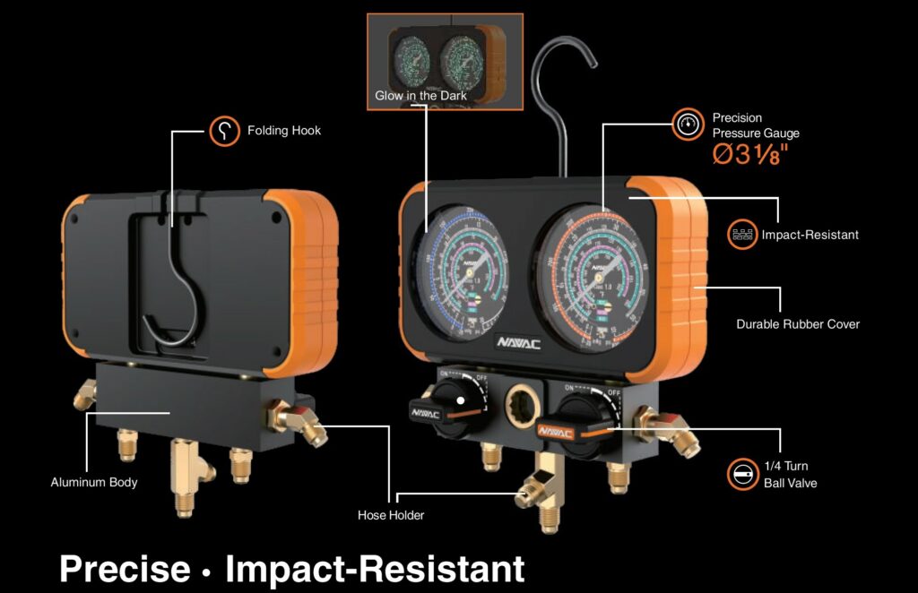 NAVAC N2A4E- Pro Plus Manifold Gauge, Impact-Resistant and Precise Performance