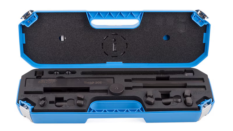 Professional bearing puller tool kit in a blue hard case with foam insert