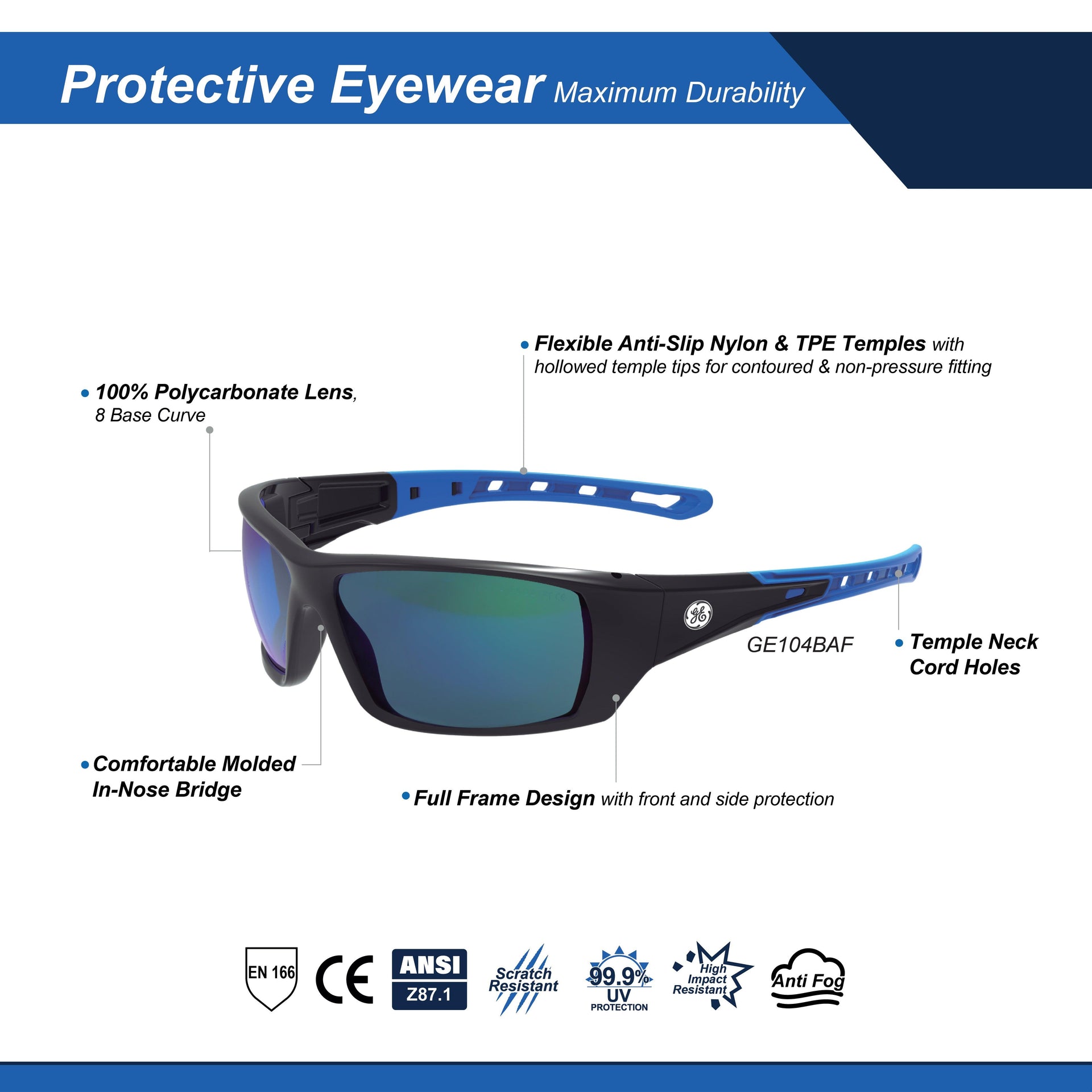 General Electric Full Frame Safety Glasses (04 Series) (Black/Blue)