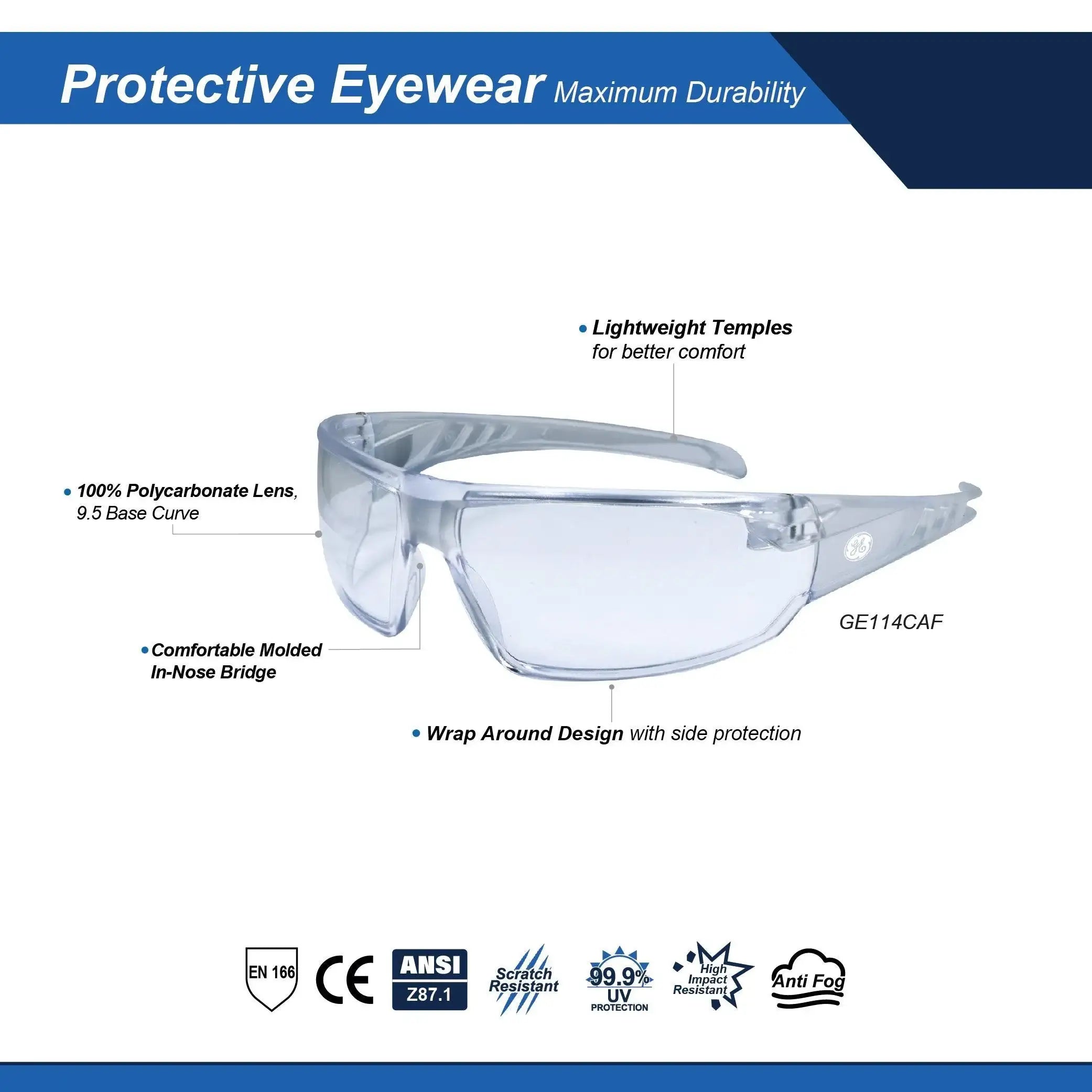 GE Safety Glasses, Anti-Fog, Clear Lens, Clear Frame, GE114CAF