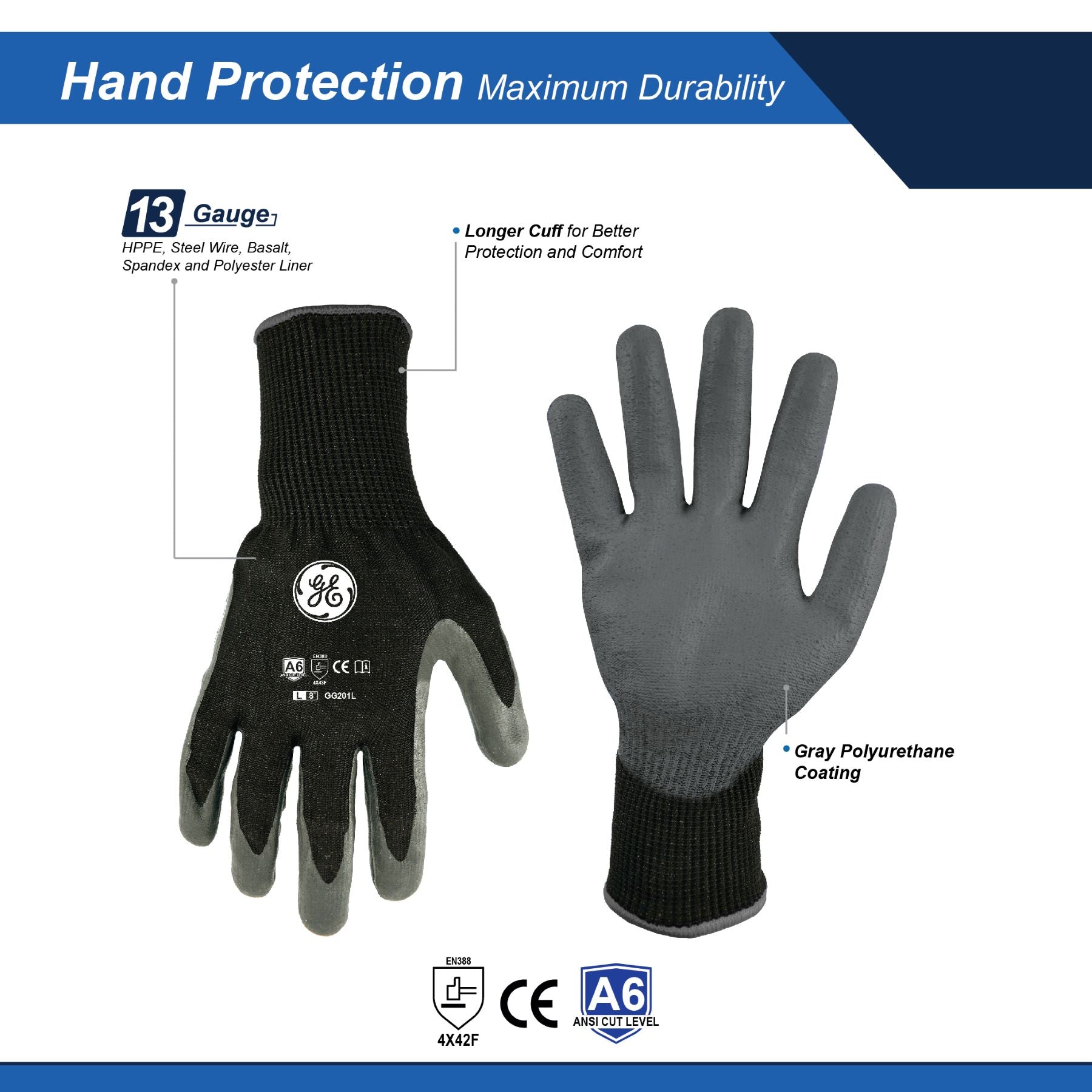 General Electric 13 GA PU Dipped Gloves A6 cut resistant gloves Unisex (GG201)