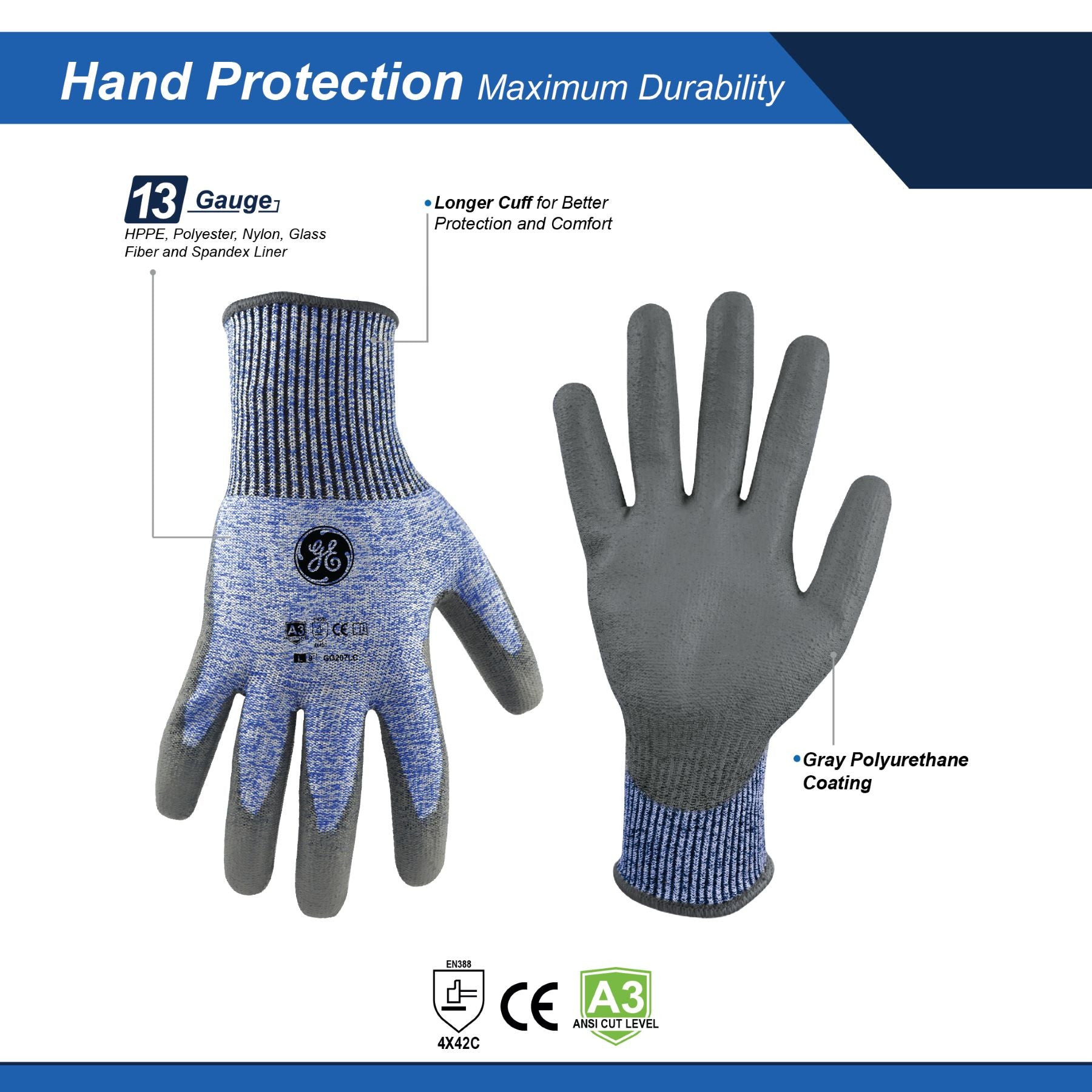 General Electric 13 GA PU Dipped Gloves A3 cut resistant gloves Unisex (GG207)