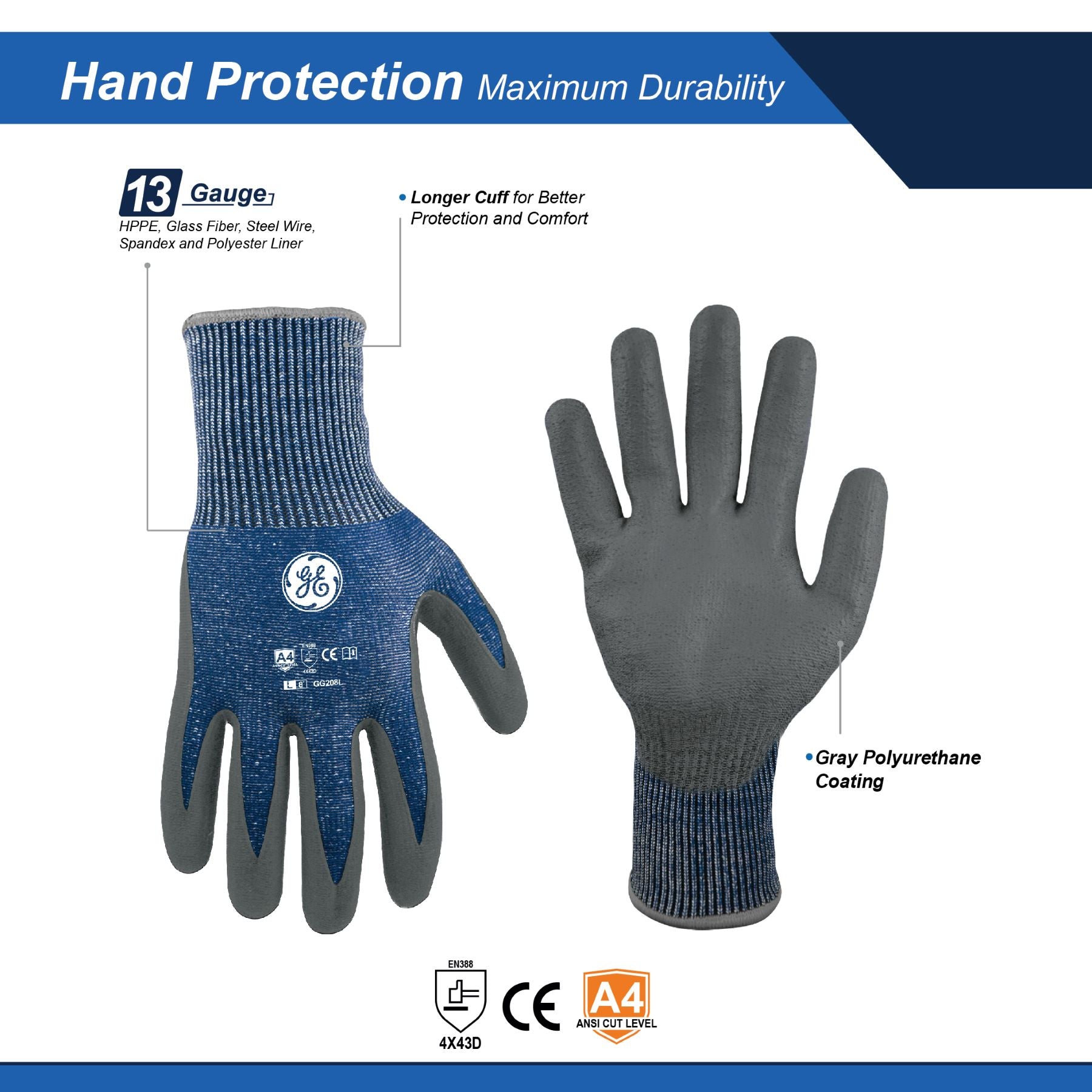 General Electric 13 GA PU Dipped Gloves A4 cut resistant gloves Unisex (GG208)