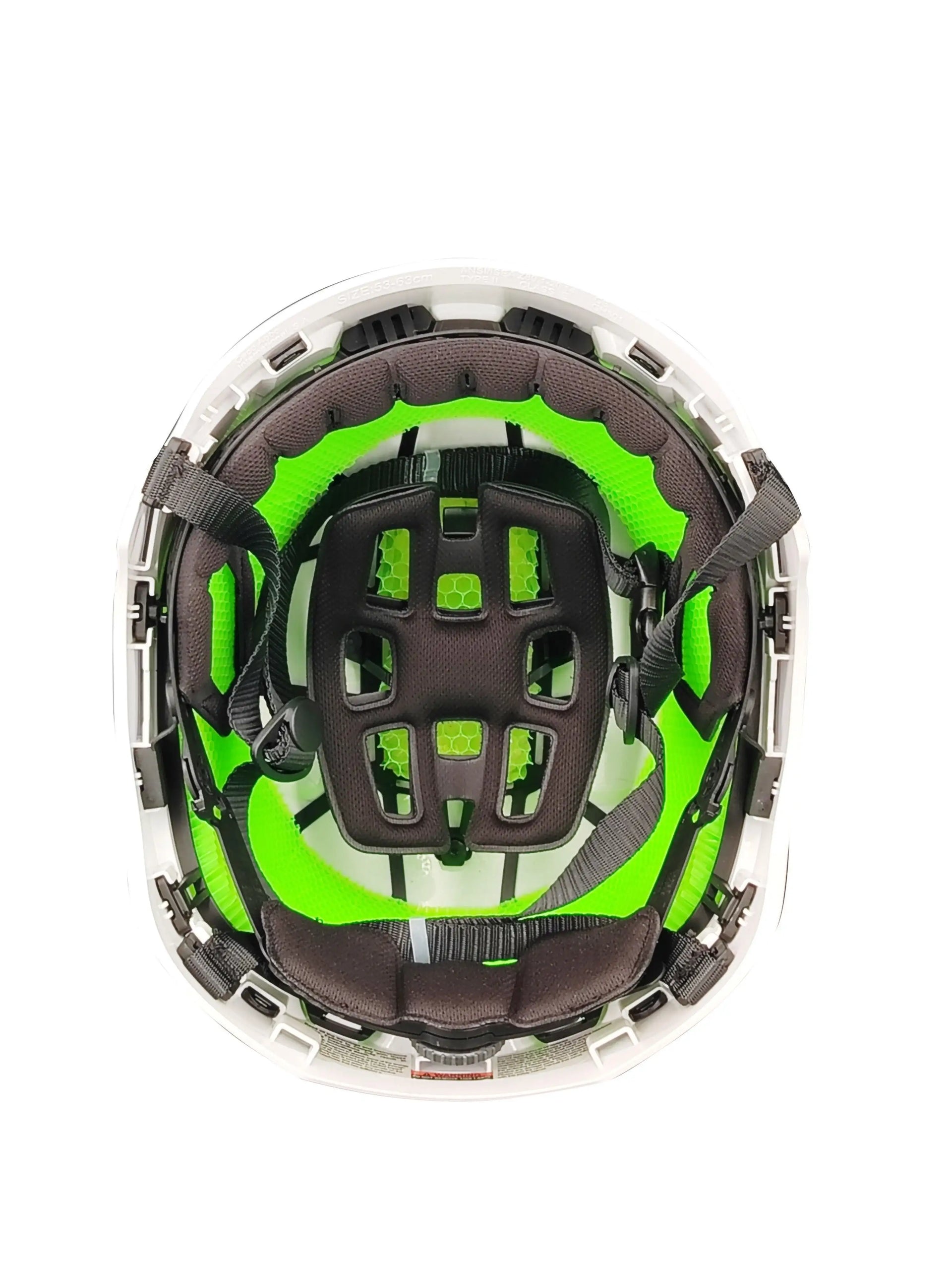 Interior view of a white safety helmet with green padding and adjustable straps.