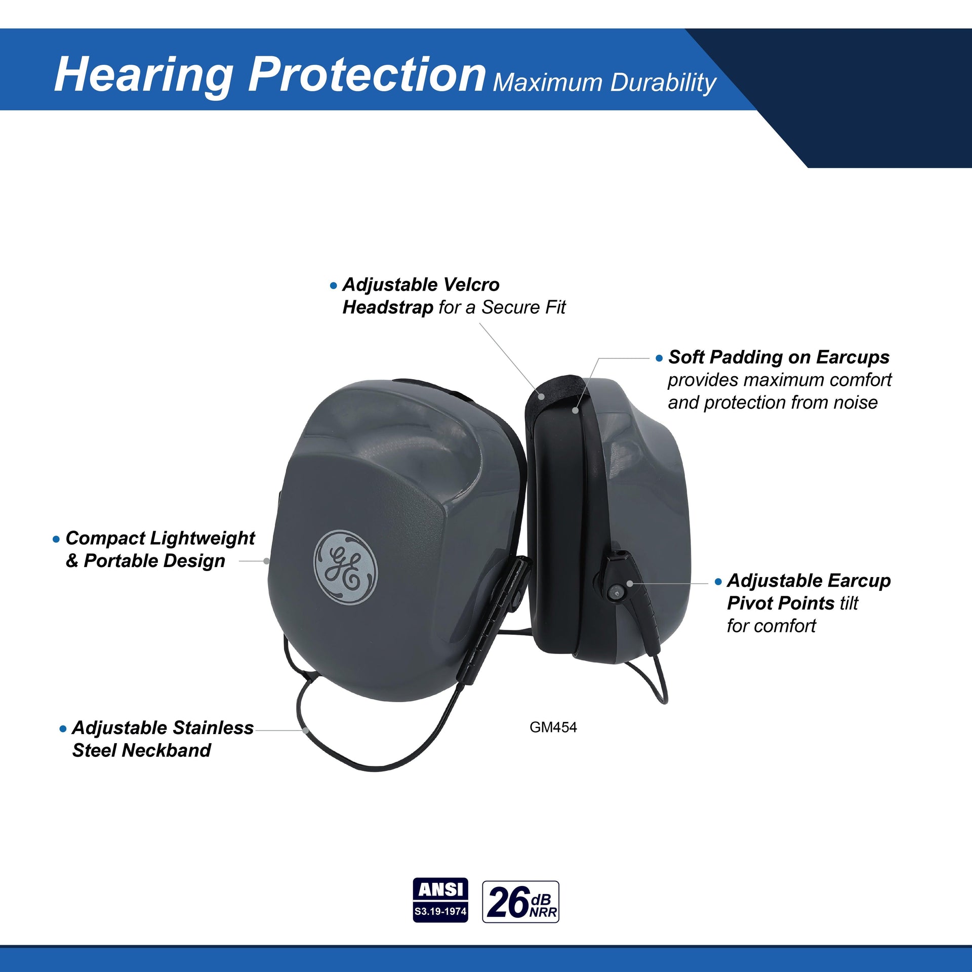 General Electric Behind The Neck Protective Earmuff With an adjustable stainless steel neck band (GM454)