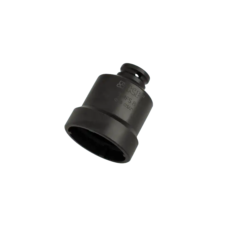 Black industrial impact socket tool with hex drive on solid background