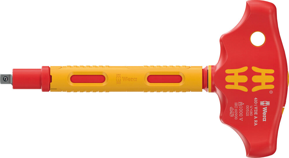 Wera 410 i VDE A RA VDE-insulated T-handle adapter screwdriver with ratchet functionality for 1/4" sockets 05005121001