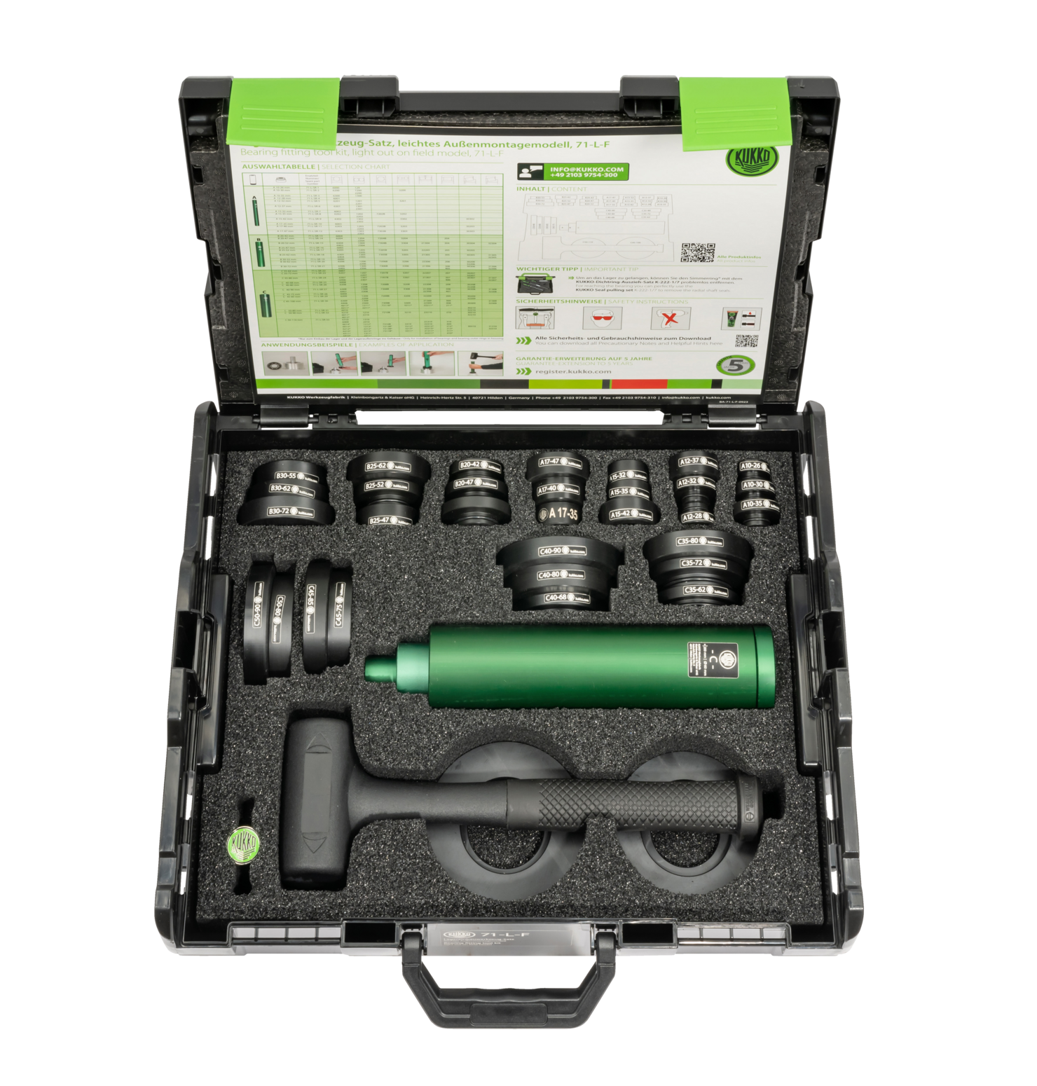 Kukko 71-L-F - Bearing installation tool set with soft-face hammer, lightweight external mounting model