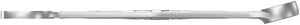 Heavy-duty metal lawn mower blade with angled cutting edges on white background