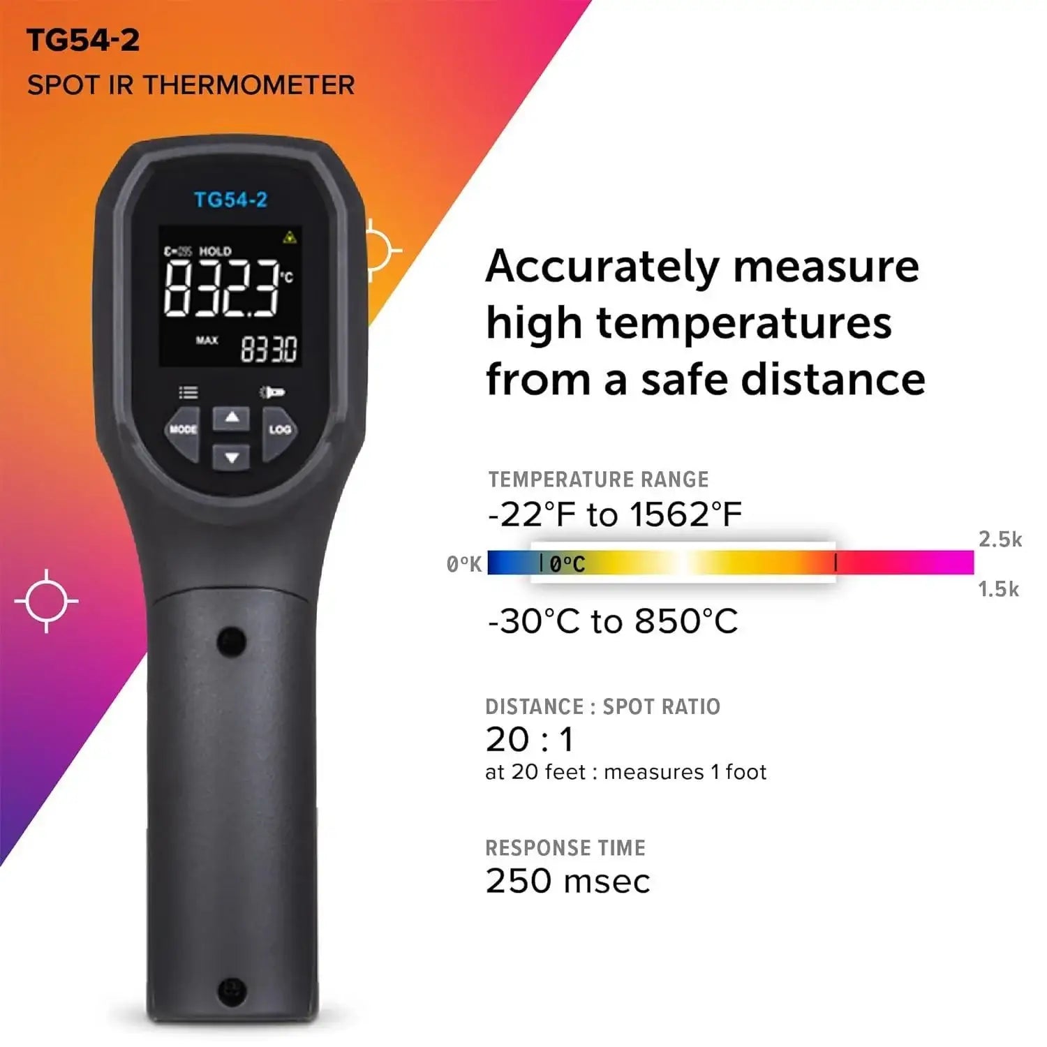 Digital infrared thermometer TG54-2 measuring high temperatures, temperature range -22°F to 1562°F, on colorful background.