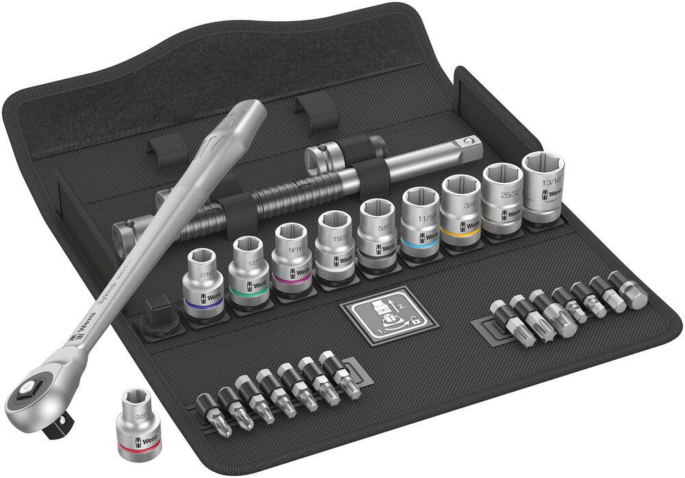 Wera 8100 SC 10 Zyklop Metal Ratchet Set with push-through square, 1/2" drive, imperial 05004080001