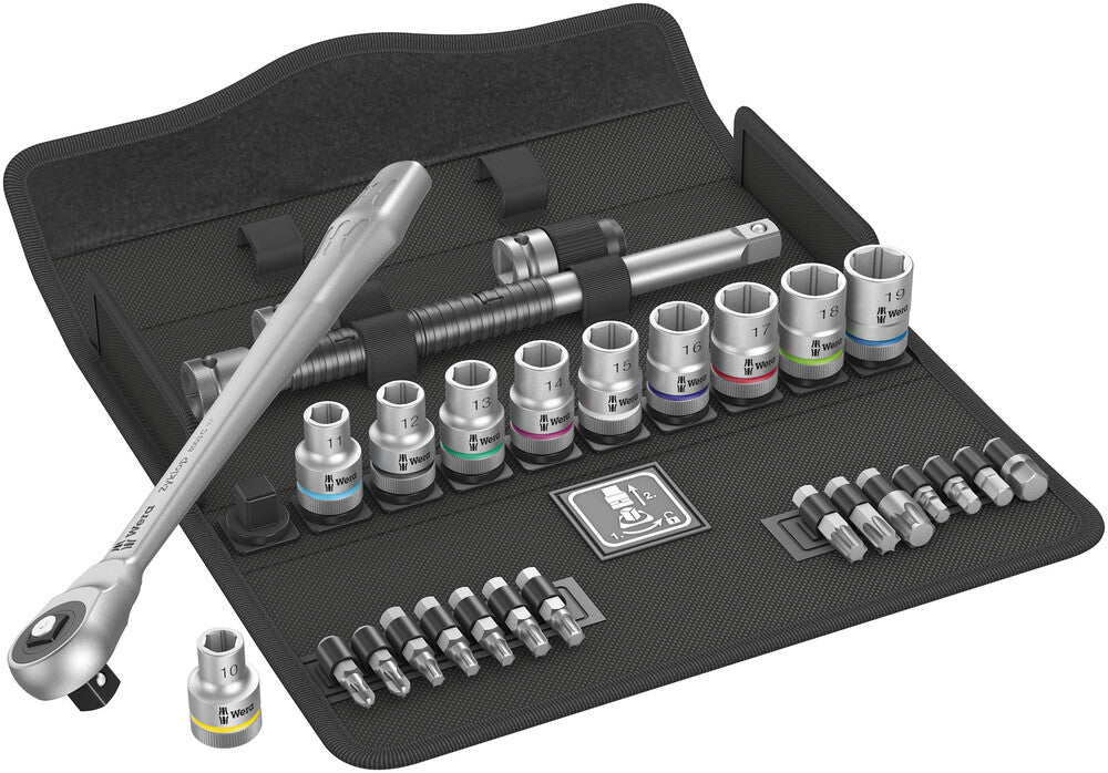 Wera 8100 SC 7 Zyklop Metal Ratchet Set with push-through square, 1/2" drive, metric 05004077001