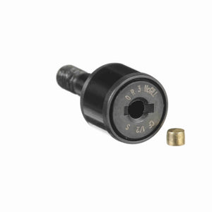 Precision cam follower bearing with engraved markings and a small cylindrical metal component
