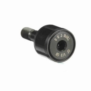Black cam follower roller bearing with visible threaded shaft and part number engravings