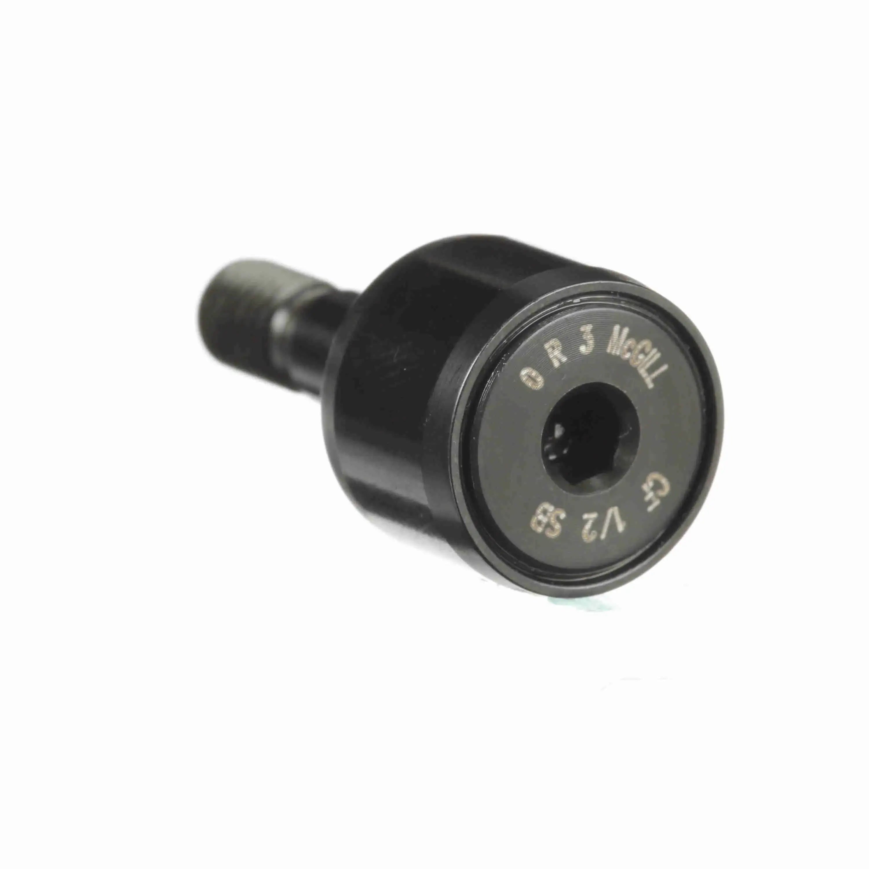 Black cam follower roller bearing with visible threaded shaft and part number engravings