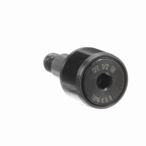 Metal cam follower bearing with hex socket and engraved markings on white background