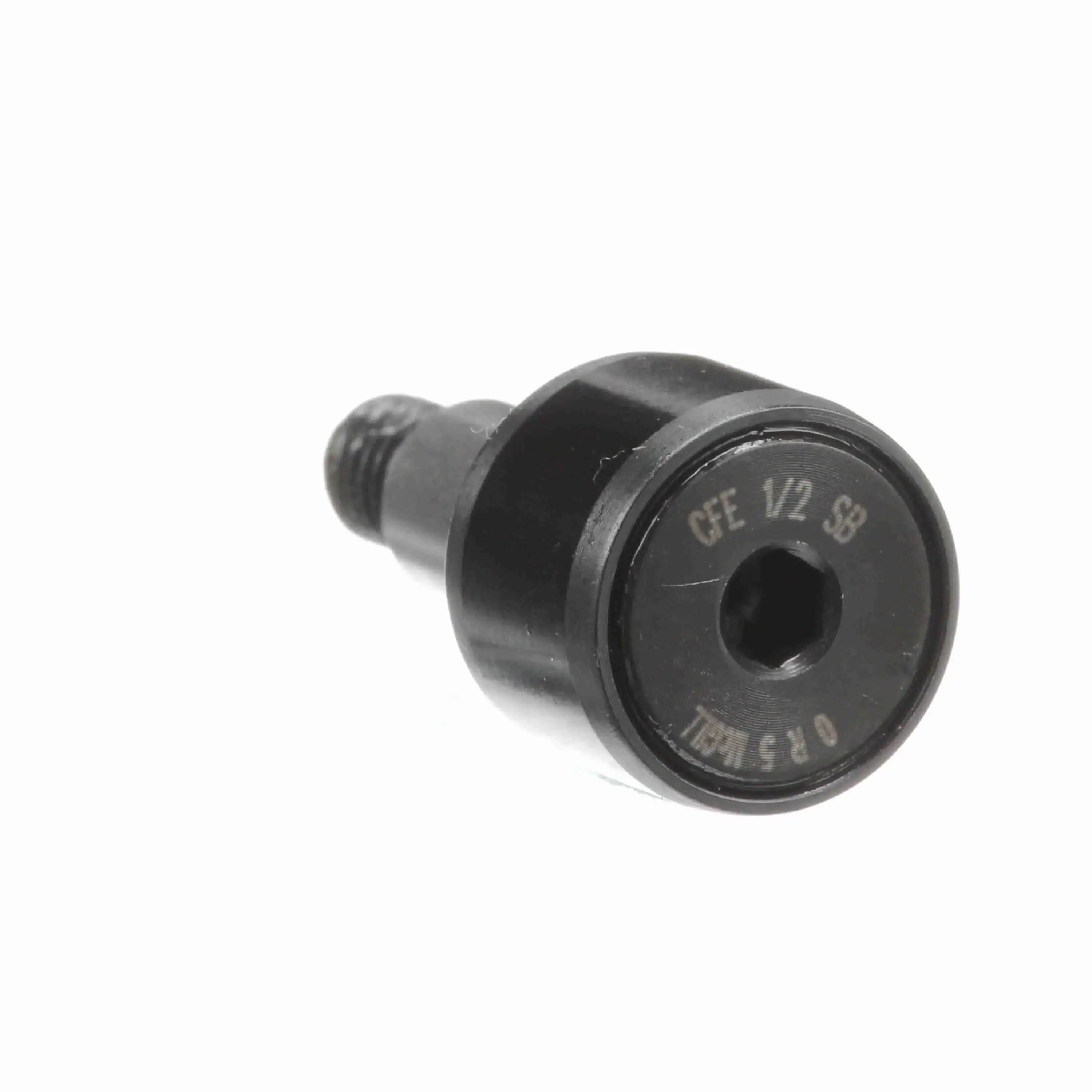 Metal cam follower bearing with hex socket and engraved markings on white background