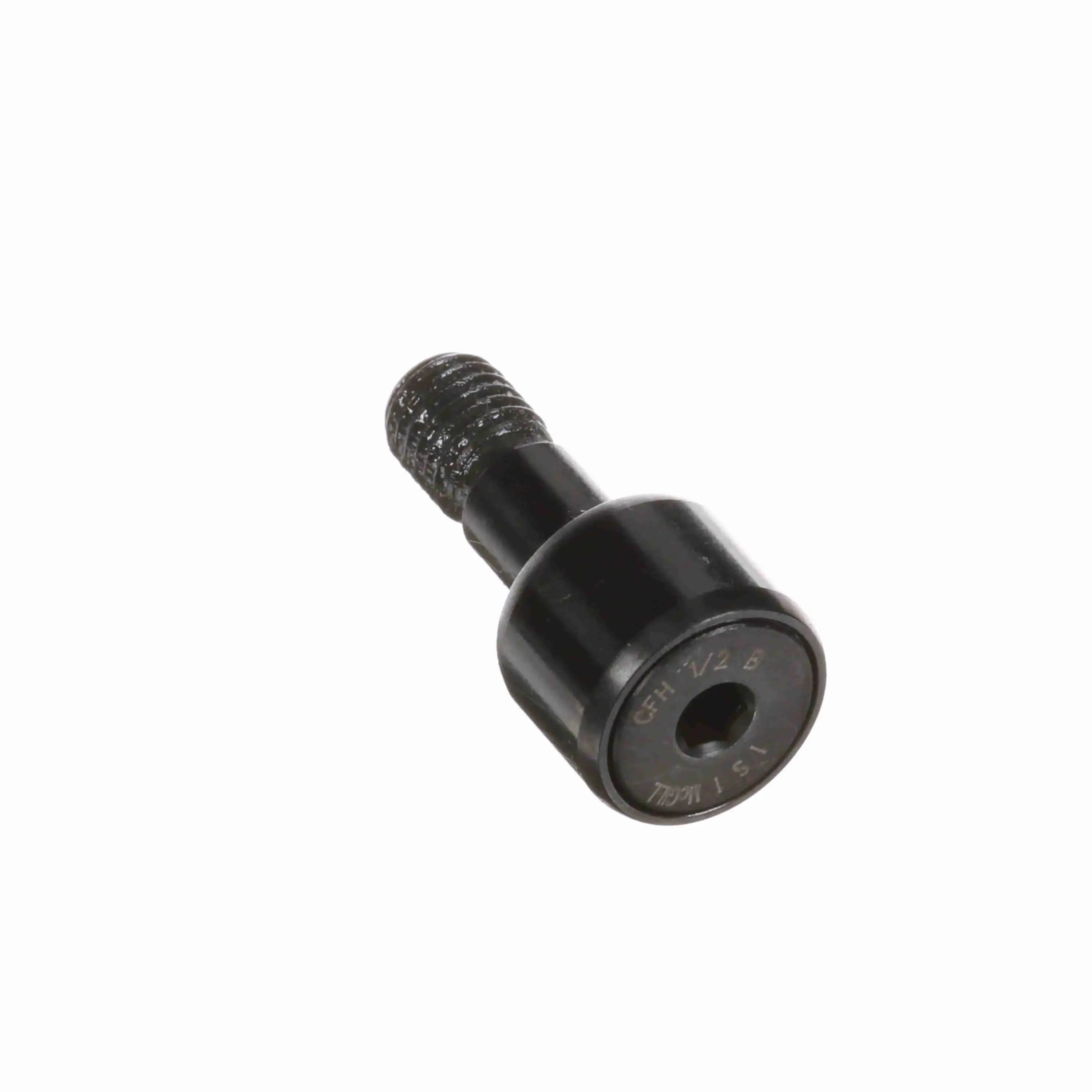 Steel cam follower stud with threaded end, isolated on white background, industrial hardware