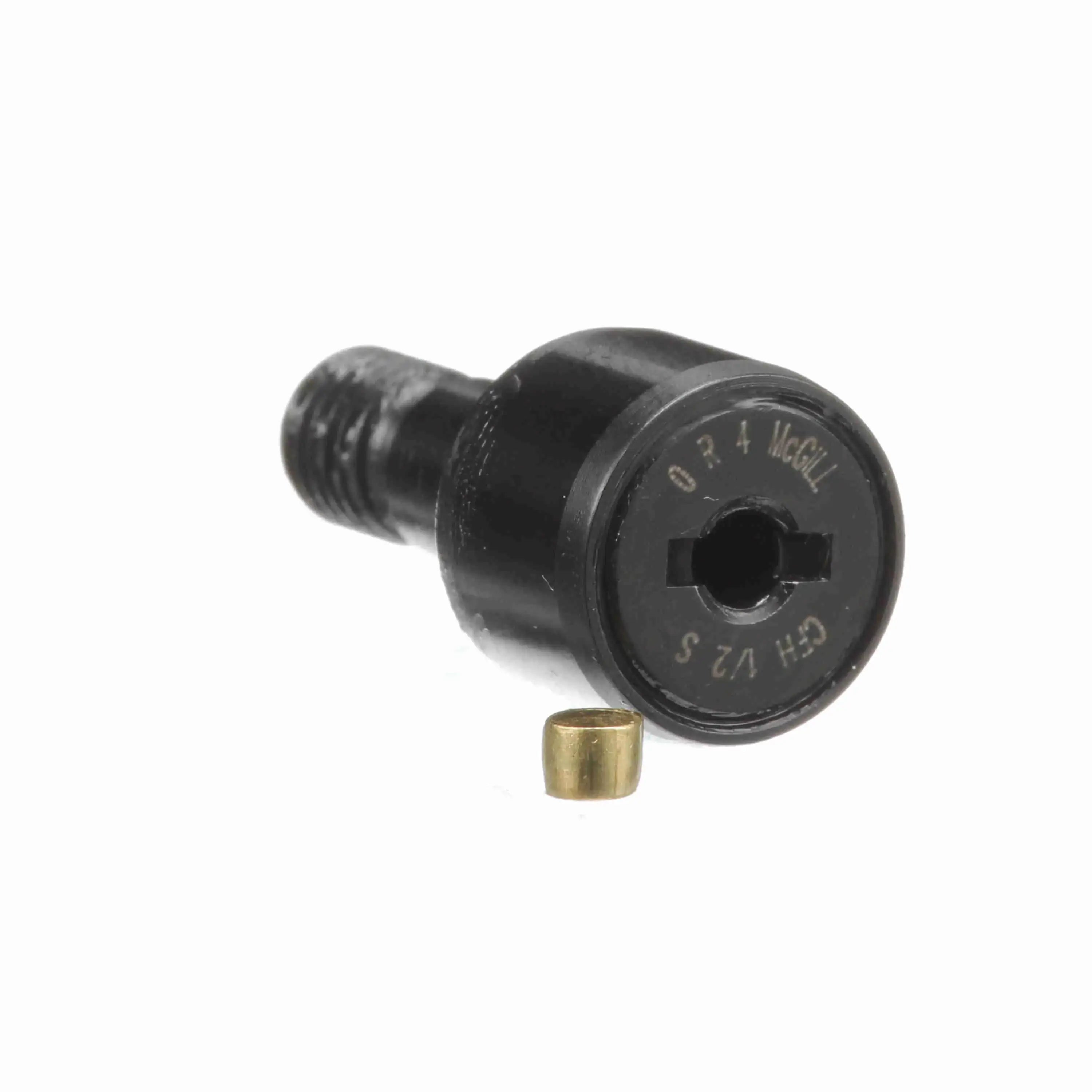 Industrial cam follower bolt with threaded shaft and cylindrical metal bushing on white background