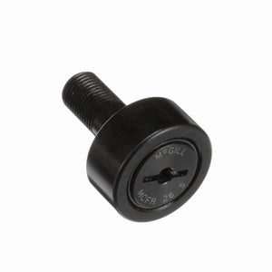 Black McGill cam follower bearing with threaded stud on white background