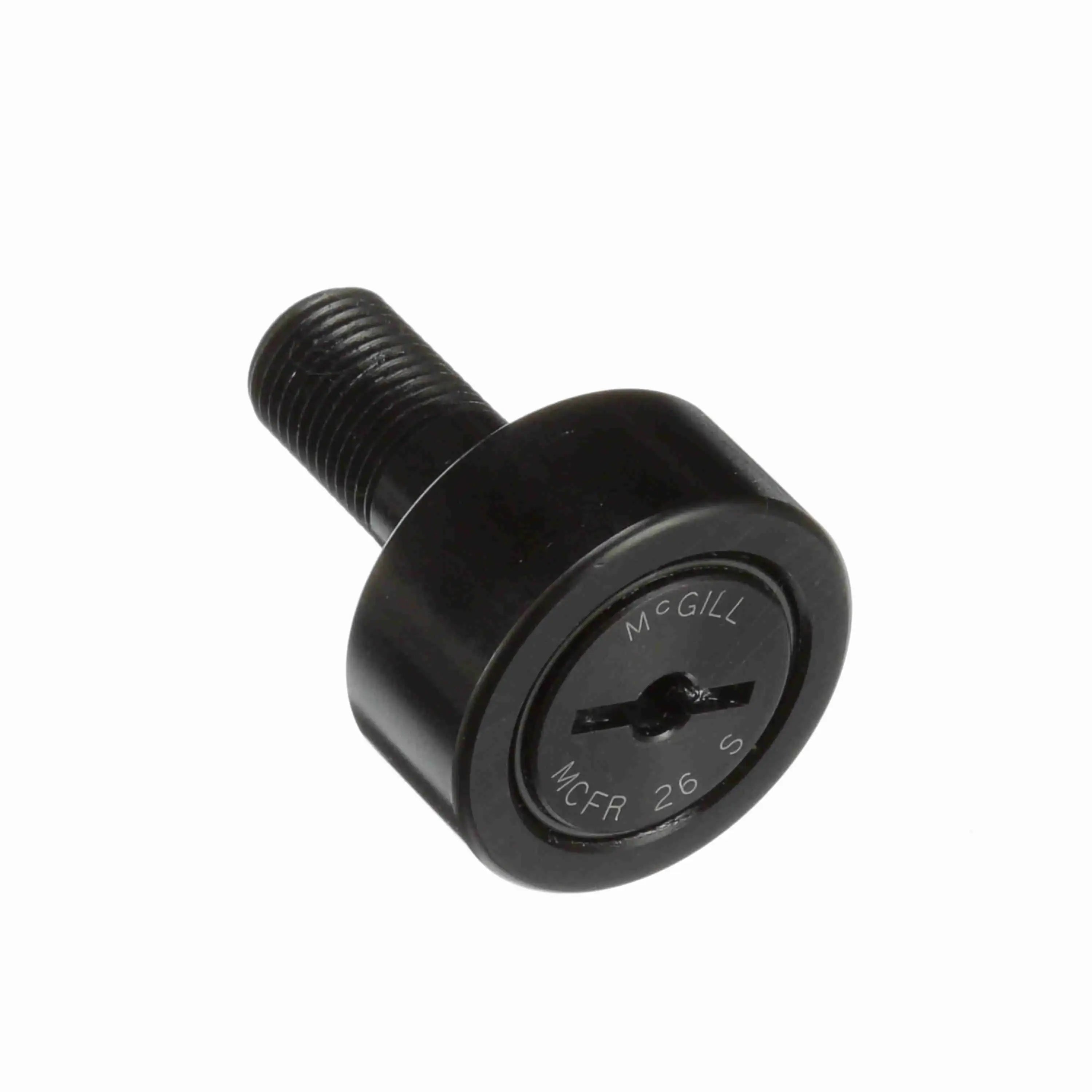 Black McGill cam follower bearing with threaded stud on white background