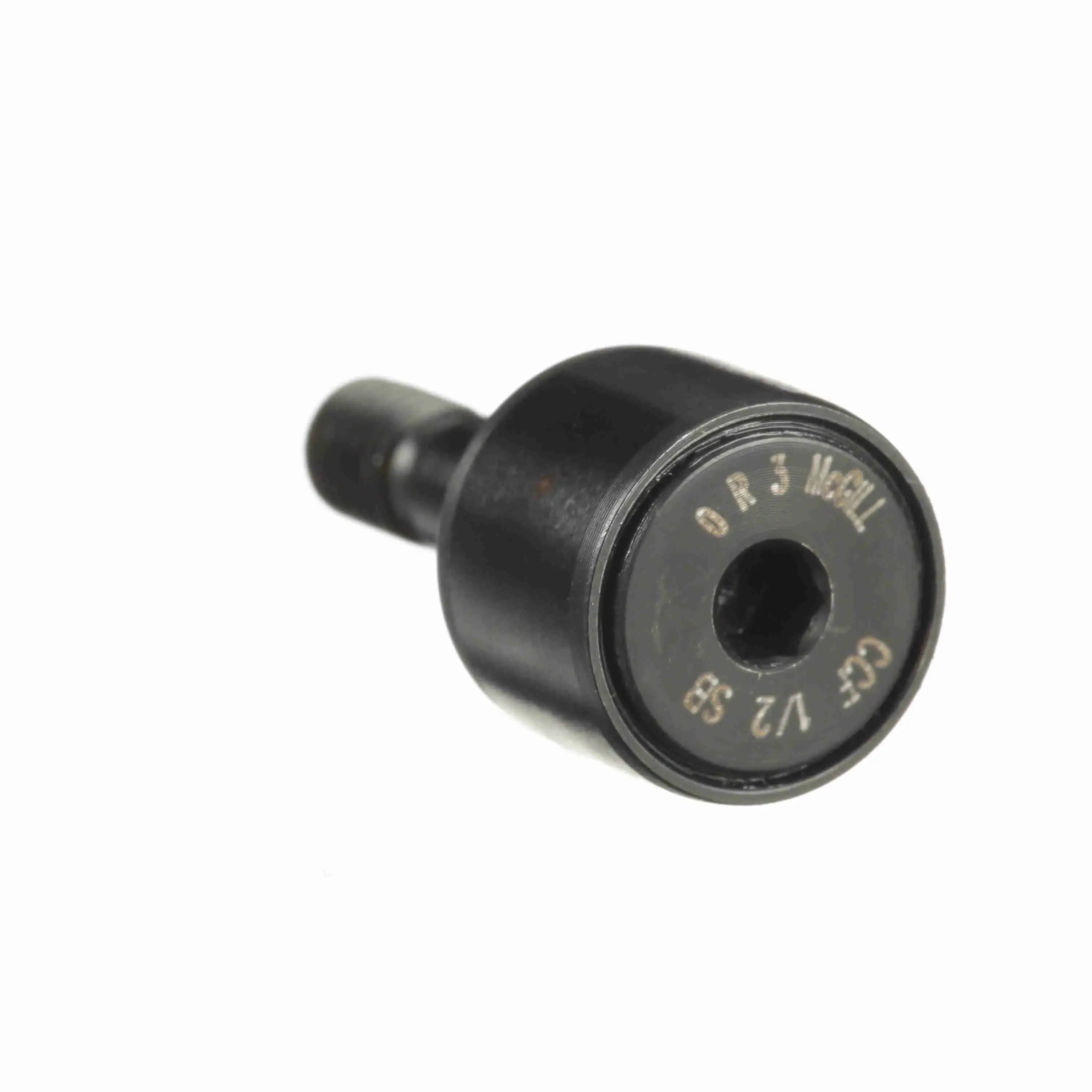 Close-up of a black industrial cam follower roller bearing on white background