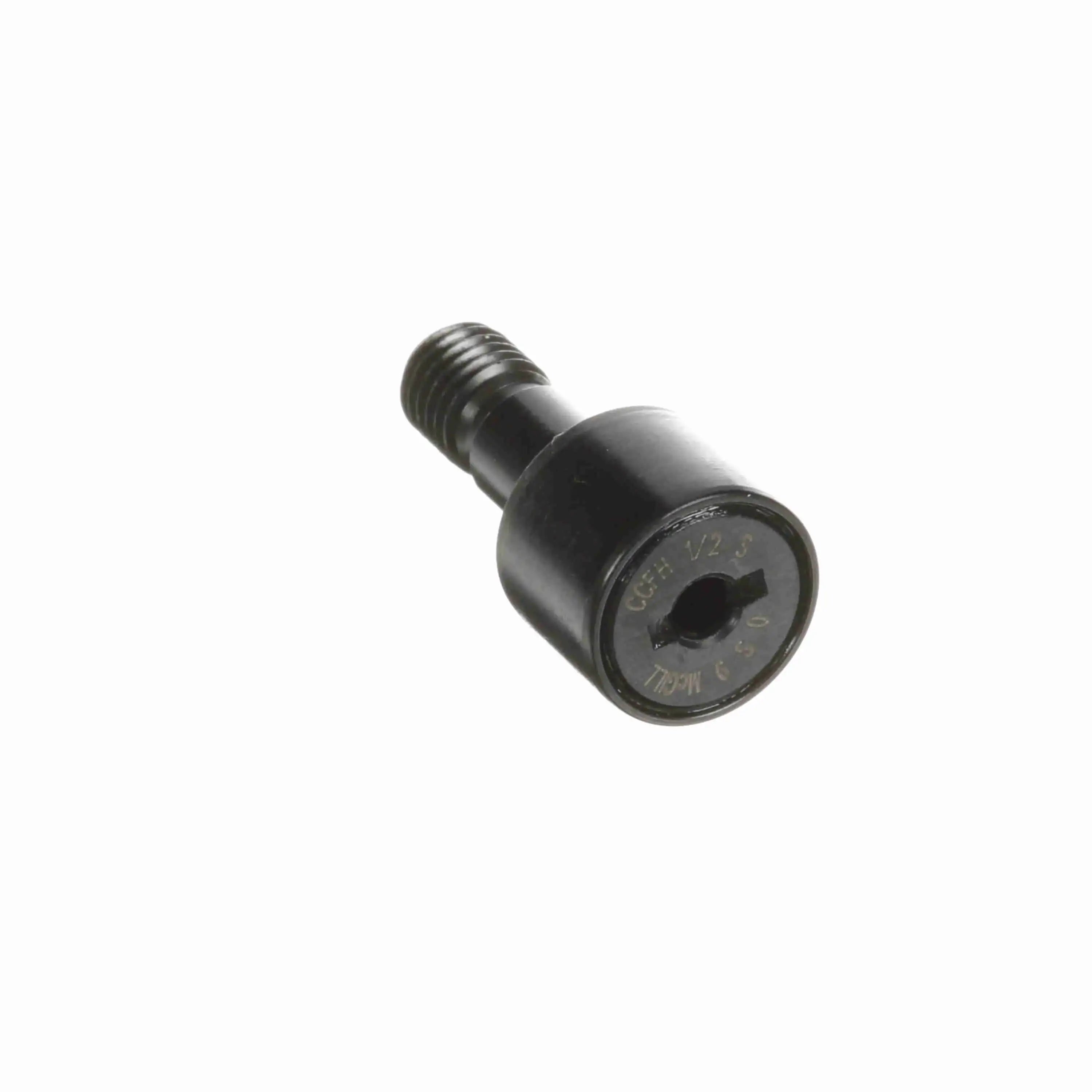 Industrial cam follower bolt with hex socket, black oxide finish, isolated on white background