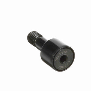 Industrial stud-type cam follower, black metal, with visible threaded end and label.