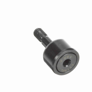 Black metal cam follower bolt with threaded shaft, isolated on white background