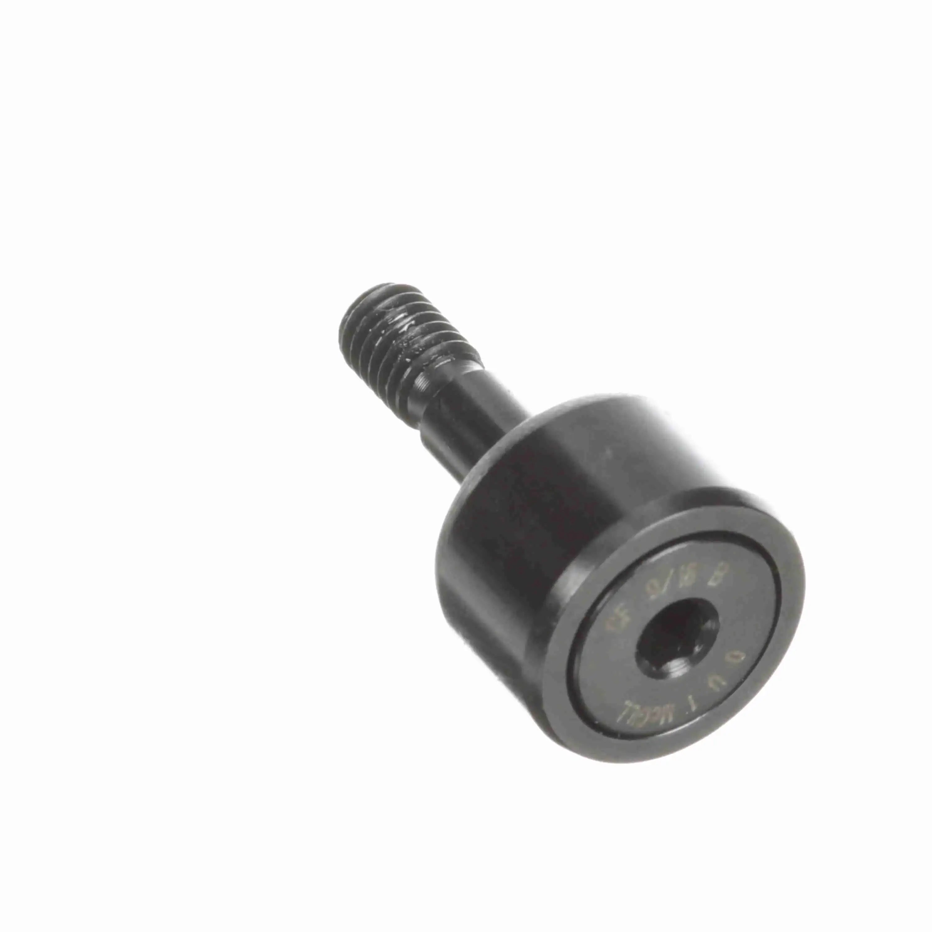 Black metal cam follower bolt with threaded shaft, isolated on white background