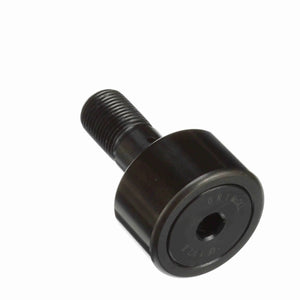 Industrial cam follower roller bearing with threaded stud, black finish, isolated on white