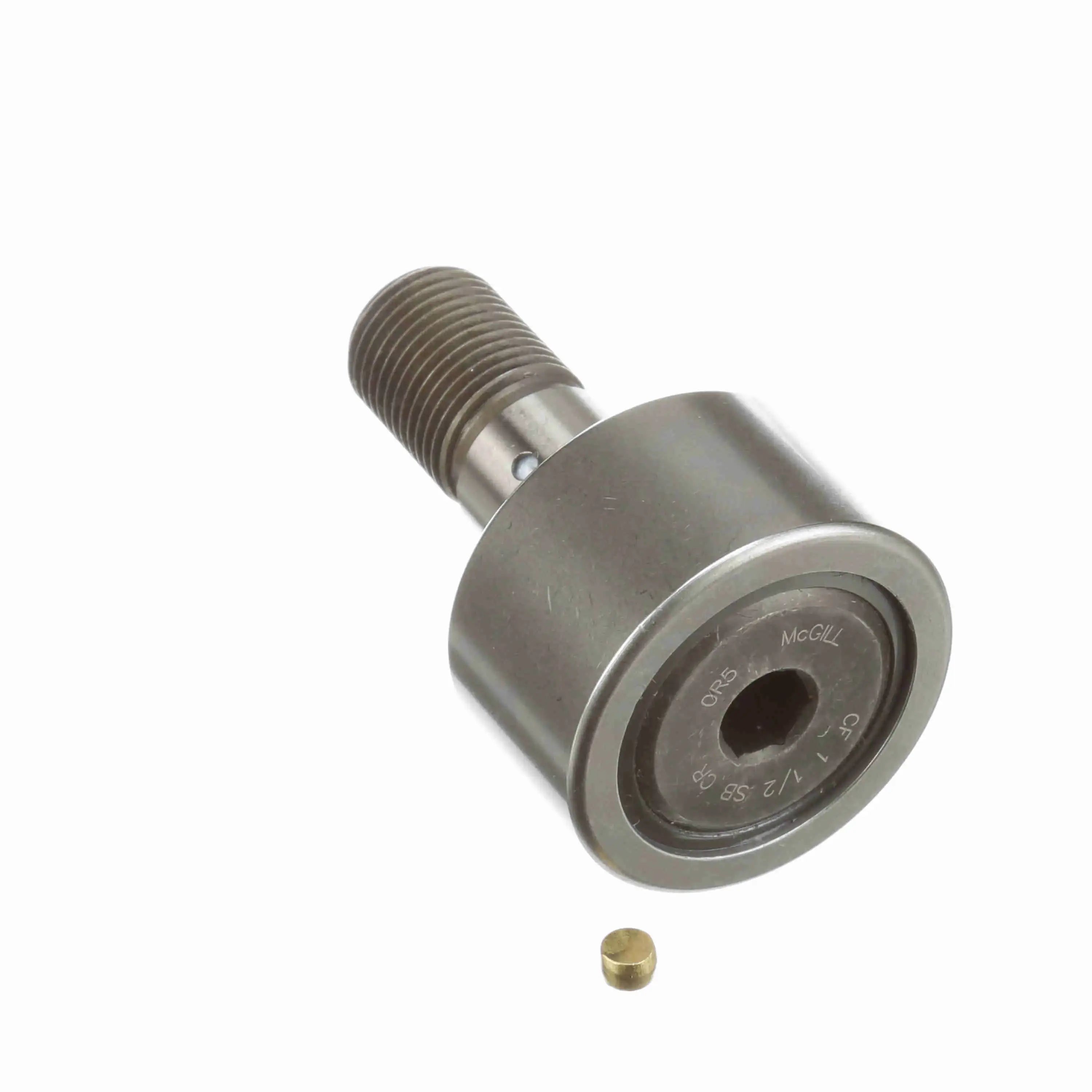 Industrial cam follower bearing with threaded stud and small cylindrical pin on white background