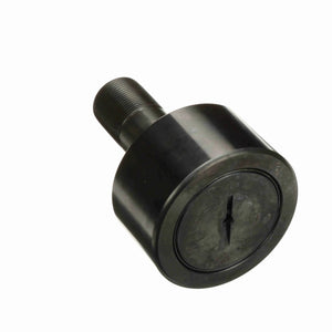 Industrial cam follower roller bearing with threaded shaft on white background